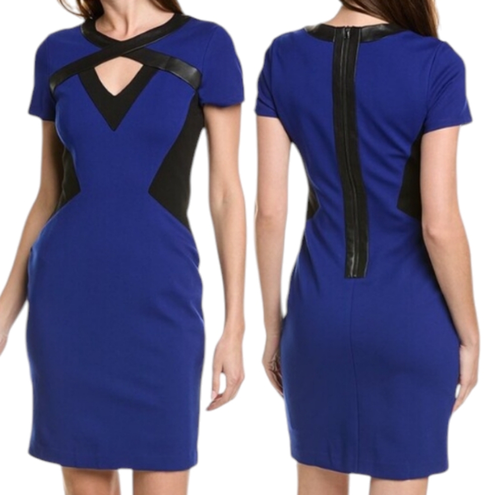 Focus By Shani Faux Leather Trim Ponte Office Siren Black/Blue Dress...Size 12